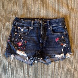 American Eagle Outfitters Floral Embroidered Jean Shorts - Dark Blue